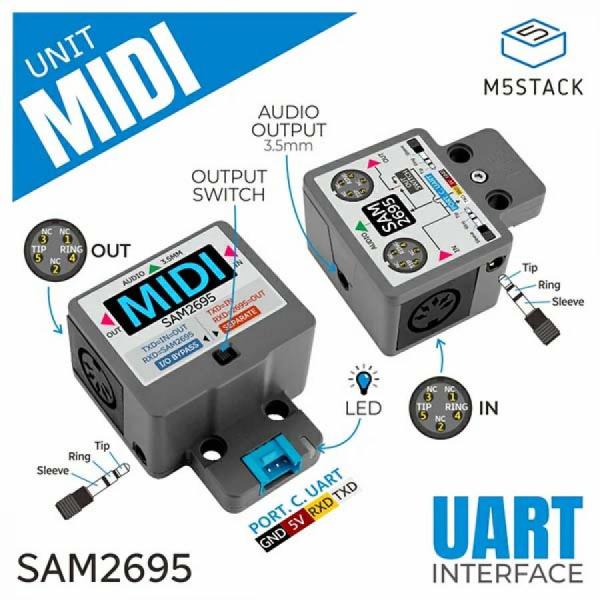 디바이스마트,오픈소스/코딩교육 > 파이썬/IoT 개발 보드 > M5STACK > 센서/모듈,M5Stack,Midi Unit with DIN Connector (SAM2695) [U187],MIDI 유닛 / MIDI 포트(5핀 DIN 및 3.5mm) 지원 / Bypass 및 Separate 모드 / Grove 포트를 통한 MIDI 신호 모니터링 및 오디오 합성 / 3.5mm 헤드폰 잭으로 오디오 출력 / 전자 음악 제작 및 라이브 음악 제어에 적합.
