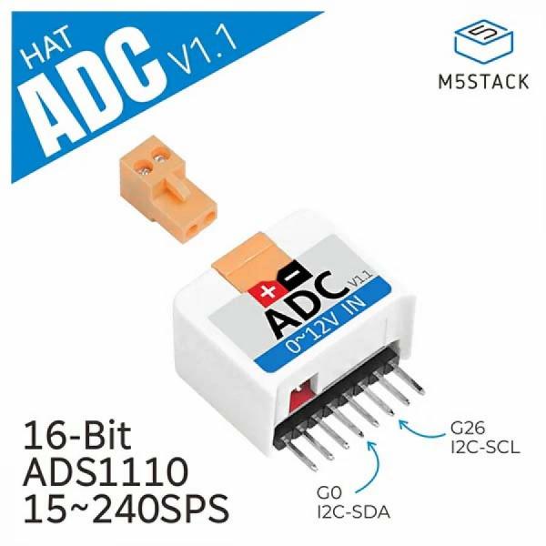 디바이스마트,오픈소스/코딩교육 > 파이썬/IoT 개발 보드 > M5STACK > 센서/모듈,M5Stack,M5StickC ADC Hat ADS1110 V1.1 [U069-V11],ADC HAT V1.1 for M5StickC / 16-bit ADC converter (ADS1110) with 0-12V input, I2C interface, programmable gain (1, 2, 4, 8), low noise (4μVp-p), and data rate (8SPS to 128SPS) / Compatible with Arduino and UIFlow (Blockly, Python).