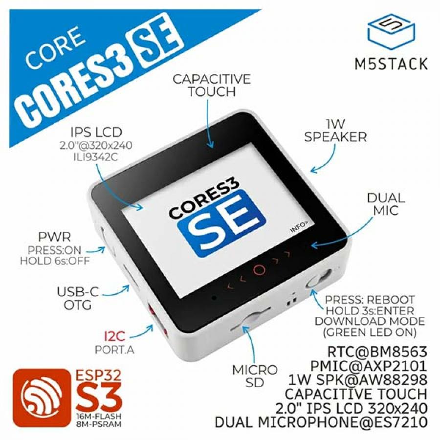 M5Stack CoreS3 SE IoT Controller w/o Battery Bottom [K128-SE]
