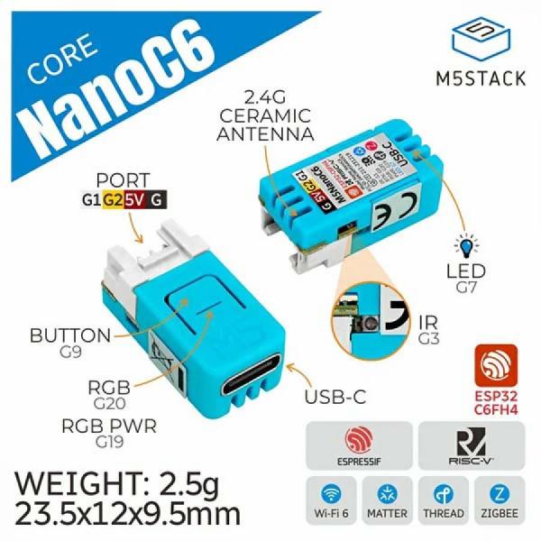 디바이스마트,오픈소스/코딩교육 > 파이썬/IoT 개발 보드 > M5STACK > 컨트롤러,M5Stack,M5Stack NanoC6 Dev Kit [C125],M5NanoC6: 소형 저전력 IoT 개발 보드, ESP32-C6FH4 MCU 탑재, Wi-Fi 6, Zigbee, Thread 및 Matter 지원, 내장 적외선 LED 및 RGB, Grove 포트로 다양한 M5 장치 확장 가능, 안정적인 세라믹 안테나, 스마트 홈 및 산업 자동화에 적합.