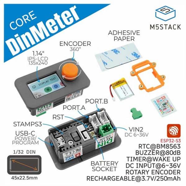 디바이스마트,오픈소스/코딩교육 > 파이썬/IoT 개발 보드 > M5STACK > 센서/모듈,M5Stack,M5Stack Din Meter w/ M5StampS3 [K134],1/32 DIN (45x22.5mm) 개발 보드, M5StampS3 제어, ST7789 1.14인치 화면, 정밀한 위치 추적을 위한 로터리 인코더, 6-36V DC 전원 지원, 리튬 배터리 및 충전 회로 인터페이스, I2C 및 GPIO 확장 가능, Arduino 및 UIFlow 프로그래밍 호환.