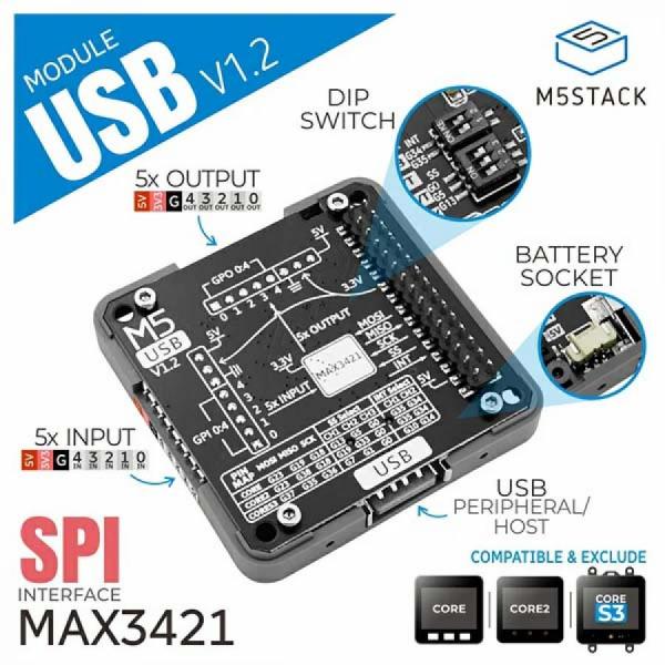 디바이스마트,오픈소스/코딩교육 > 파이썬/IoT 개발 보드 > M5STACK > 센서/모듈,M5Stack,USB Module with MAX3421E v1.2 [M020-V12],USB v1.2 모듈 / MAX3421E 칩 기반 / USB 호스트 및 주변 장치 기능 지원 / SPI 통신 / GPIO 핀 확장 (입력 5개, 출력 5개) / 리튬 배터리 홀더 포함 / 다양한 M5 시리즈 호환 / 스마트 홈, 산업 제어, 소비자 전자기기 등에서 사용 가능.