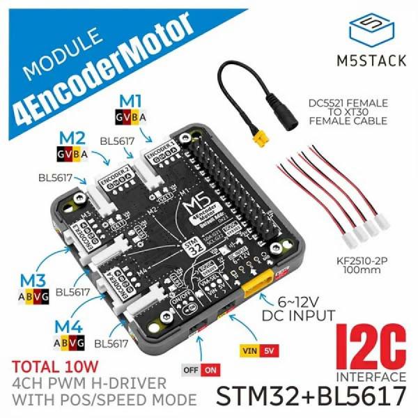 디바이스마트,오픈소스/코딩교육 > 파이썬/IoT 개발 보드 > M5STACK > 센서/모듈,M5Stack,4-Channel Encoder Motor Driver Module (STM32F030) [M138],4채널 인코더 모터 드라이버 모듈(STM32+BL5617)로, AB 펄스 신호 입력, 듀티 사이클 및 속도 조절 기능, I2C 통신 지원, 전원 모니터링 기능을 갖추어 로봇, 자동화 장비, 스마트 차량 등 다양한 응용에 적합합니다.