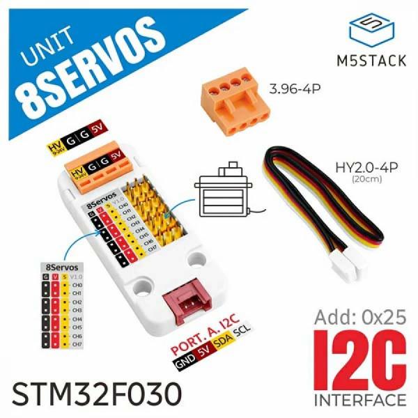 디바이스마트,오픈소스/코딩교육 > 파이썬/IoT 개발 보드 > M5STACK > 센서/모듈,M5Stack,8-Channel Servo Driver Unit (STM32F030) [U165],8채널 서보 드라이버, STM32F030F4 마스터 제어, I2C 통신(주소: 0x25), 9-24V 또는 5V 전원 지원, 프로그래밍 가능한 모터 전원 공급 및 총 전류 모니터링 기능.