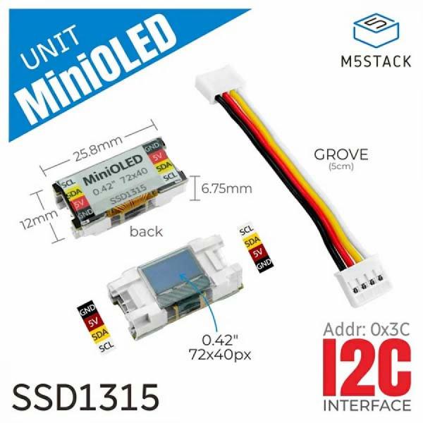 디바이스마트,오픈소스/코딩교육 > 파이썬/IoT 개발 보드 > M5STACK > 센서/모듈,M5Stack,Mini OLED Unit 0.42" 72x40 Display [U166],0.42인치 72x40 해상도의 흑백 OLED 디스플레이, I2C 인터페이스(주소: 0x3C) 및 SSD1315 드라이버 지원, 스마트 기기 및 산업 기기에 적합.