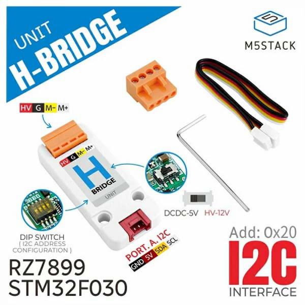 디바이스마트,오픈소스/코딩교육 > 파이썬/IoT 개발 보드 > M5STACK > 센서/모듈,M5Stack,H-bridge Unit(STM32F030) [U160],고효율 DC 모터 드라이브 모듈, STM32F030+RZ7899 기반, I2C 통신으로 PWM 속도 제어 및 전진/후진/브레이크 기능 지원, 과전류/과전압/과열 보호, Arduino 및 UIFlow 호환, 기본 I2C 주소 0x20.