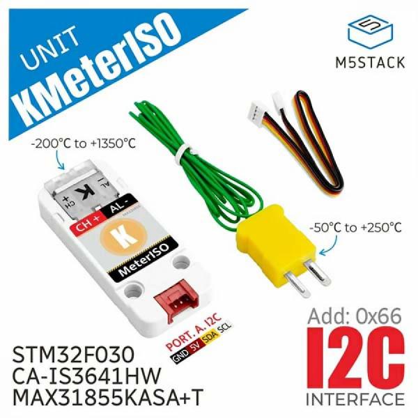 디바이스마트,오픈소스/코딩교육 > 파이썬/IoT 개발 보드 > M5STACK > 센서/모듈,M5Stack,Kmeter Isolation Unit with Thermocouple Temperature Sensor (MAX31855) [U133-V11],KMeterISO는 K형 열전대 센서를 이용한 고정밀 온도 측정 장치로, STM32F030 ARM Cortex-M0 코어와 MAX31855KASA+T 14비트 ADC를 통해 -200°C에서 1350°C까지 측정 가능하며, I2C 통신 인터페이스(주소: 0x66)와 Arduino, UIFlow 프로그래밍 플랫폼을 지원합니다.