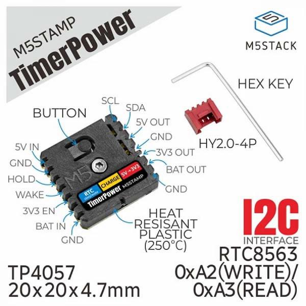 디바이스마트,오픈소스/코딩교육 > 파이썬/IoT 개발 보드 > M5STACK > 센서/모듈,M5Stack,M5Stamp Timer Power (BM8563) [S005],저전력 전원 제어 모듈, STAMP 패키지, BM8563 RTC 내장, 수동/소프트웨어 타이밍 웨이크업, 리튬 배터리 충전, 5V 부스트 출력 및 3.3V DCDC 출력 지원, SMD/DIP/플라잉 와이어 호환.