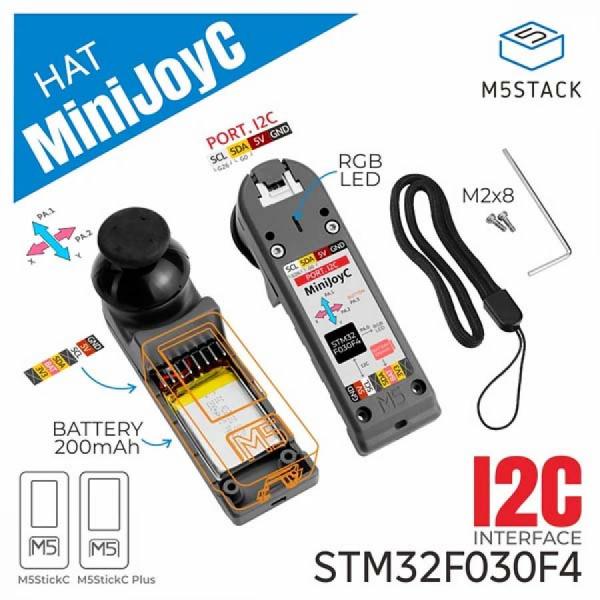 디바이스마트,오픈소스/코딩교육 > 파이썬/IoT 개발 보드 > M5STACK > 센서/모듈,M5Stack,M5StickC Mini JoyC HAT (STM32F030) [U156],MiniJoyC HAT: M5StickC/C-Plus 호환 조이스틱 컨트롤러, XY 축 조이스틱 및 버튼 기능, I2C HY2.0 인터페이스, 200mAh 리튬 폴리머 배터리, SK6812 RGB LED, 최대 조이스틱 각도 23°, 10KΩ 저항.