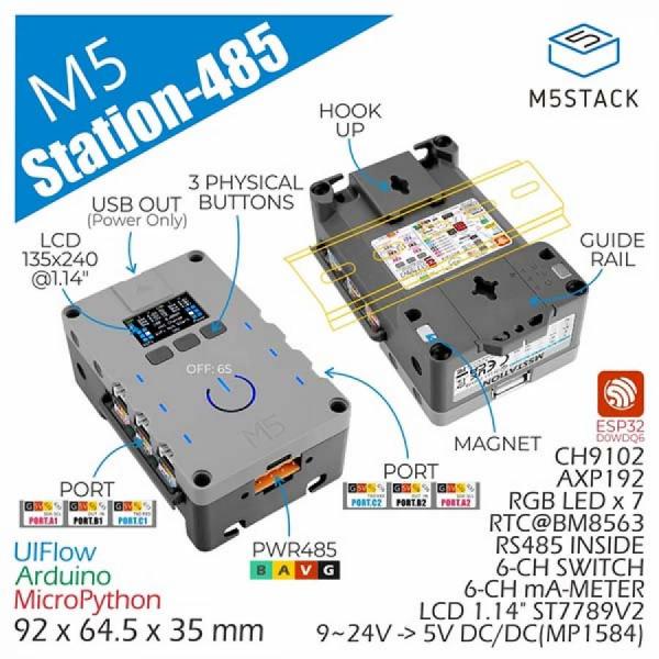 디바이스마트,오픈소스/코딩교육 > 파이썬/IoT 개발 보드 > M5STACK > 컨트롤러,M5Stack,M5Stack Station ESP32 IoT Development Kit (RS485 Version) [K123],M5Station-485 / ESP32 기반 산업용 프로그래머블 임베디드 IoT 개발 키트 / Wi-Fi, 240MHz 듀얼코어, 16M FLASH, 240x135 1.14" HD IPS 디스플레이, 3개의 프로그래머블 키, 7개의 RGB LED / USB Type-C, PWR485, 외부 배터리 전원 / DIN 레일, 자석, 벽 부착 가능 / UIFlow, Arduino, ESP32-IDF, FreeRTOS 호환.
