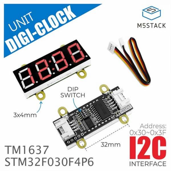 디바이스마트,오픈소스/코딩교육 > 파이썬/IoT 개발 보드 > M5STACK > 센서/모듈,M5Stack,Red 7-Segment Digit Clock Unit [U146],4-digit 2.1-inch red display module with TM1637 driver, I2C communication, adjustable I2C address, 8 brightness levels, low power consumption, and 4 fixing holes for secure installation.