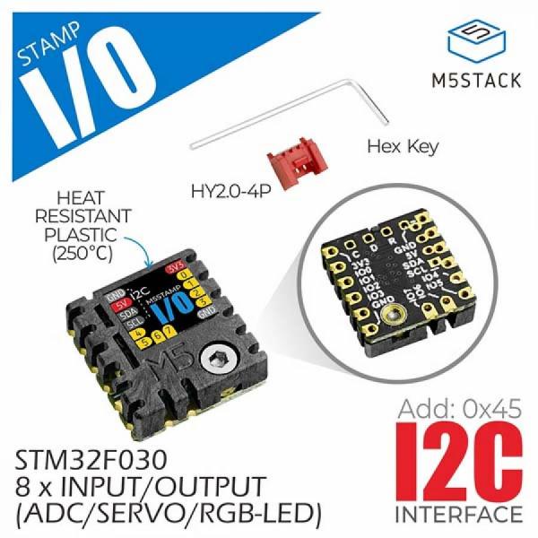 디바이스마트,오픈소스/코딩교육 > 파이썬/IoT 개발 보드 > M5STACK > 센서/모듈,M5Stack,M5Stamp Extend I/O Module (STM32F0) [S002],STM32F030 기반의 I2C 통신 IO 확장 보드, 8채널 디지털/아날로그 입력 및 출력 지원, ADC, 서보 및 RGB LED 제어 가능, 다양한 납땜 옵션(SMT, DIP, 점퍼 와이어) 및 고온 저항 플라스틱 케이스 포함.