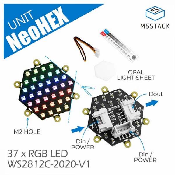 디바이스마트,오픈소스/코딩교육 > 파이썬/IoT 개발 보드 > M5STACK > 센서/모듈,M5Stack,Neo HEX 37 RGB LED Board (WS2812) [A045-B],NeoHEX 보드는 37개의 RGB LED 비드를 갖춘 육각형 조명판으로, 단일 BUS 제어 및 다중 보드 연결을 지원하며, 256단계 밝기 조절과 16777216가지 색상 표현이 가능하고, 설치가 용이한 고정 귀와 확산 효과를 제공하는 오팔 라이트 시트를 포함합니다.