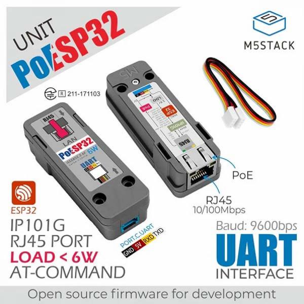 디바이스마트,오픈소스/코딩교육 > 파이썬/IoT 개발 보드 > M5STACK > 센서/모듈,M5Stack,ESP32 Ethernet Unit with PoE [U138],PoESP32 Unit: ESP32 기반 이더넷 모듈, PoE 지원 (최대 6W), RJ45 포트 (10/100Mbps), 기본 ESP-AT 펌웨어 및 TCP/MQTT/HTTP 프로토콜 지원, UART 인터페이스 (9600bps), Arduino 및 ESP-IDF 호환, 간편한 개발 및 커스터마이징 가능.