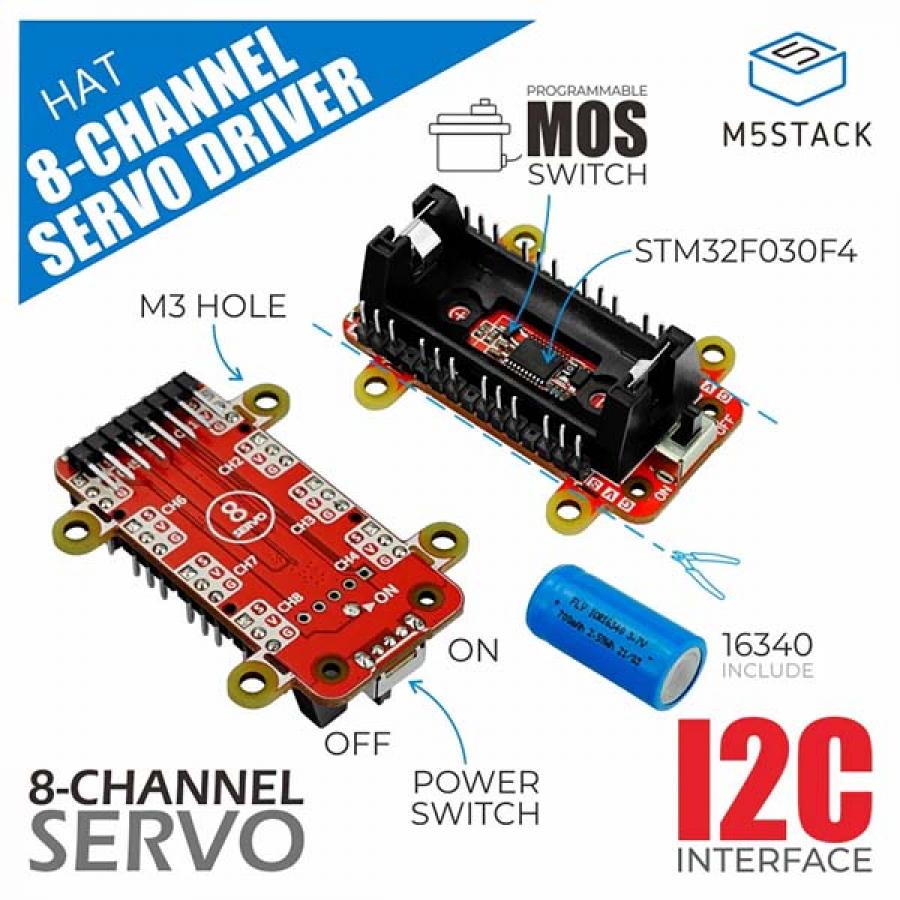 M5StickC 8-Channel Servo Driver HAT [U076-B]