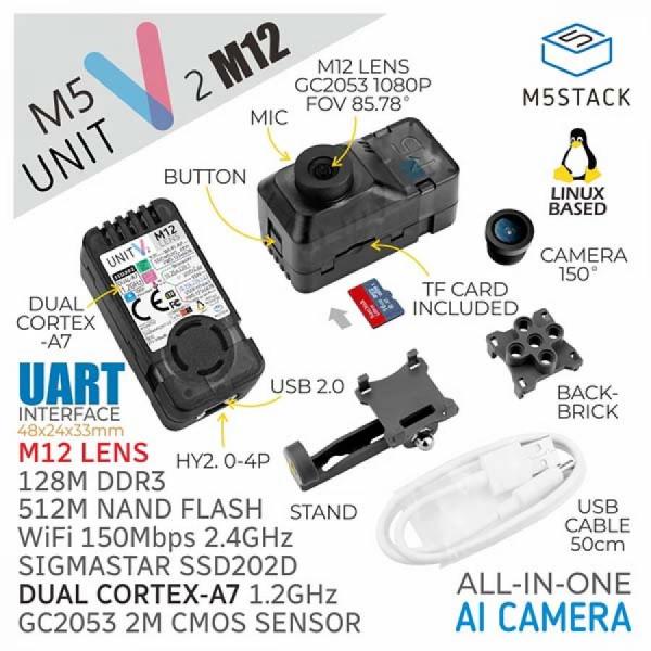 디바이스마트,오픈소스/코딩교육 > 파이썬/IoT 개발 보드 > M5STACK > 컨트롤러,M5Stack,M5Stack UnitV2 M12 Version with Cameras [U078-M12],고효율 AI 인식 모듈 UnitV2 / Sigmstar SSD202D 듀얼코어 1.2GHz 프로세서, 128MB DDR3, 512MB NAND Flash, 1080P 카메라, 정규 초점 및 광각 어안 렌즈 지원 / Linux 운영 체제, Wi-Fi 2.4GHz / 다양한 AI 이미지 기능 및 개발 도구 제공.