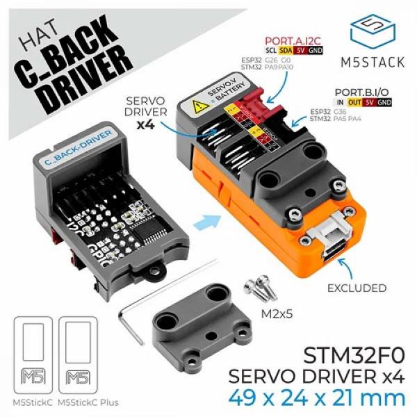 디바이스마트,오픈소스/코딩교육 > 파이썬/IoT 개발 보드 > M5STACK > 센서/모듈,M5Stack,C-Back HAT with Servo Driver (STM32F0) [A100],4채널 서보 드라이버 보드, M5StickC 호환, STM32F030F4P6 제어, I2C 및 GPIO 인터페이스 확장 가능, LEGO 호환 디자인, 내부 배터리로 전원 공급.