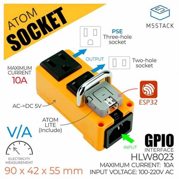 디바이스마트,오픈소스/코딩교육 > 파이썬/IoT 개발 보드 > M5STACK > 컨트롤러,M5Stack,ATOM Socket Kit (HLW8023) - JP&US [K055],ATOM Socket: 스마트 전원 소켓, AC 100-120V/10A 지원, HLW8032 고정밀 에너지 미터링 IC 내장, UART 통신, 일본 및 미국 표준 잭 호환, HY2.0-4P 외부 제어 인터페이스 포함.