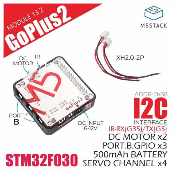 디바이스마트,오픈소스/코딩교육 > 파이썬/IoT 개발 보드 > M5STACK > 센서/모듈,M5Stack,Goplus2 DC Motor and Servo Driver Module (STM32F0) [M025-B],GoPlus2는 STM32F030C8T6 칩셋을 기반으로 한 스택 가능한 다기능 모터 및 서보 제어 모듈로, 2-way DC 모터 드라이브 및 4-way 서보 드라이브 인터페이스를 갖추고 있으며, 3개의 PORT-B 인터페이스(아날로그 입력, 디지털 출력, 디지털 입력) 확장이 가능하고, 500mAh 배터리 내장, IR 송수신 지원, USB-C를 통한 충전 및 외부 전원 공급을 위한 DC 전원 인터페이스를 제공합니다.