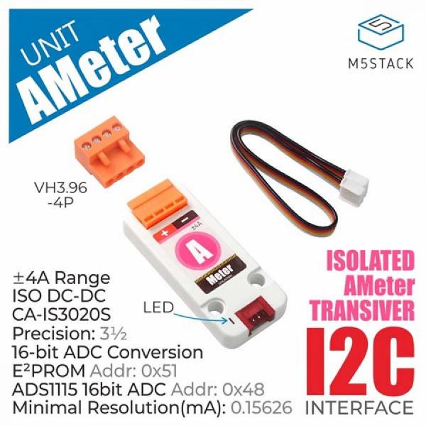 디바이스마트,오픈소스/코딩교육 > 파이썬/IoT 개발 보드 > M5STACK > 센서/모듈,M5Stack,Ammeter Unit (ADS1115) [U086],16비트 ADC를 통한 실시간 전류 모니터링, ±4A 범위, 초기 정확도 0.1%FS, 0.3mA 해상도, I2C 통신 지원, Arduino 및 UIFlow 호환, 사이즈: LEGO 호환 홀 2개 포함.