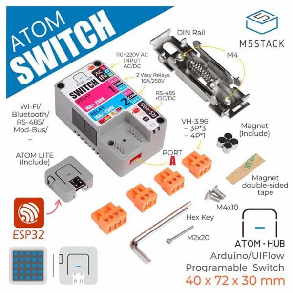 디바이스마트,오픈소스/코딩교육 > 파이썬/IoT 개발 보드 > M5STACK > 컨트롤러,M5Stack,ATOM HUB AC/DC Remote Control Switch Kit [K042],ATOM HUB SWITCH: 듀얼 제어 프로그래머블 스위치, AC/DC 회로 동시 제어, 250V/10A 최대 부하, 5V/1A DC 전원 공급, RS485 및 HY2.0 포트 지원, Wi-Fi 원격 제어, 과열 및 단락 보호 기능, ATOM Matrix 및 ATOM Lite 호환.