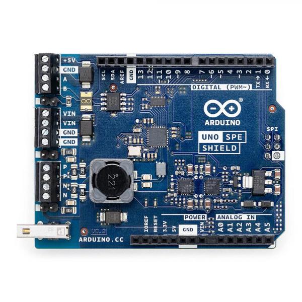 디바이스마트,오픈소스/코딩교육 > 아두이노 > 아두이노 정품 보드/쉴드/키트,아두이노,Arduino UNO SPE Shield,ASX00073 / 단일 페어 이더넷(SPE) 및 PoDL 지원 / 10BASE-T1S 고속 데이터 및 전원 공급 / Microchip LAN8651B1 컨트롤러 / 레거시 RS485 듀얼 통신 지원 / 배선 단순화 및 비용 절감 / 간편한 레트로핏 가능 / 플러그 앤 플레이, UNO R4 호환 / 10 Mbit/s SPE, 20 Mbit/s RS485 데이터 속도 / 스크류 터미널 블록 연결 / 6-24V PoDL 및 VIN 전원 입력 / CE, FC