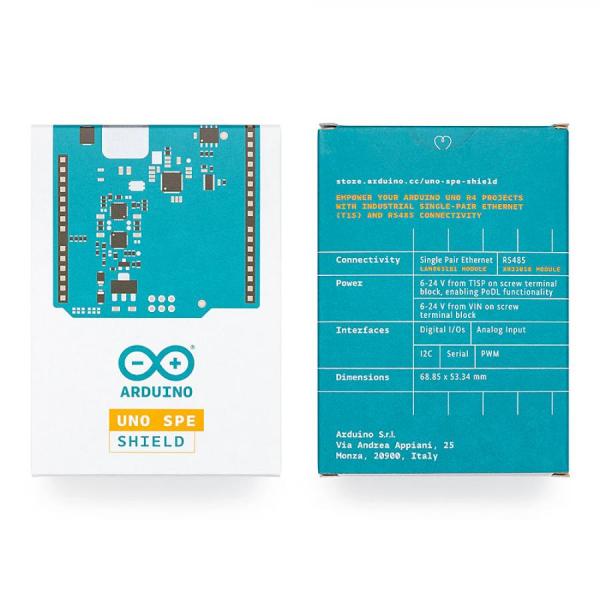 디바이스마트,오픈소스/코딩교육 > 아두이노 > 아두이노 정품 보드/쉴드/키트,아두이노,Arduino UNO SPE Shield,ASX00073 / 단일 페어 이더넷(SPE) 및 PoDL 지원 / 10BASE-T1S 고속 데이터 및 전원 공급 / Microchip LAN8651B1 컨트롤러 / 레거시 RS485 듀얼 통신 지원 / 배선 단순화 및 비용 절감 / 간편한 레트로핏 가능 / 플러그 앤 플레이, UNO R4 호환 / 10 Mbit/s SPE, 20 Mbit/s RS485 데이터 속도 / 스크류 터미널 블록 연결 / 6-24V PoDL 및 VIN 전원 입력 / CE, FC