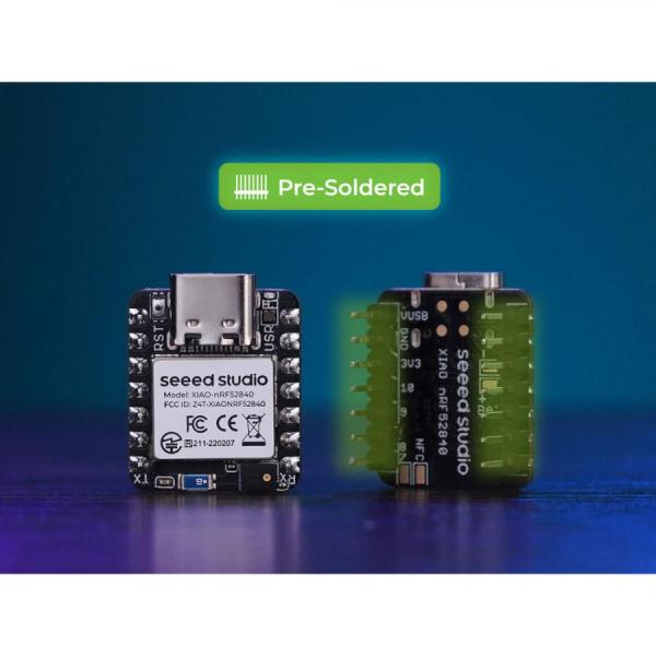 디바이스마트,오픈소스/코딩교육 > 파이썬/IoT 개발 보드 > Seeedstudio XIAO > XIAO 보드,Seeedstudio,Seeed Studio XIAO nRF52840 Sense (Pre-Soldered) [102010632],초소형 웨어러블 AI 개발보드 / Nordic nRF52840(BLE 5.0, NFC) 칩셋 탑재 / 고품질 디지털 마이크(PDM) 및 6축 IMU(모션 센서) 내장 / 헤더 핀 납땜 버전 / 배터리 충전 회로 지원 / 활용: TinyML을 이용한 음성인식, 제스처/모션 감지, 무선 센서