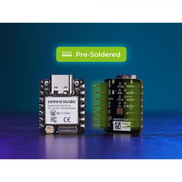 디바이스마트,오픈소스/코딩교육 > 파이썬/IoT 개발 보드 > Seeedstudio XIAO > XIAO 보드,Seeedstudio,Seeed Studio XIAO ESP32-S3 (Pre-Soldered) [102010634],AI/ML을 위한 초소형 고성능 XIAO 보드 / 듀얼코어 Xtensa LX7 ESP32-S3 칩셋 / 2.4GHz Wi-Fi 및 Bluetooth 5.0(BLE) 동시 지원 / 헤더 핀 납땜 버전 / 배터리 충전 회로 내장, 딥슬립(Deep Sleep) 모드 지원 / 활용: TinyML, AI 비전/음성, 고성능 IoT