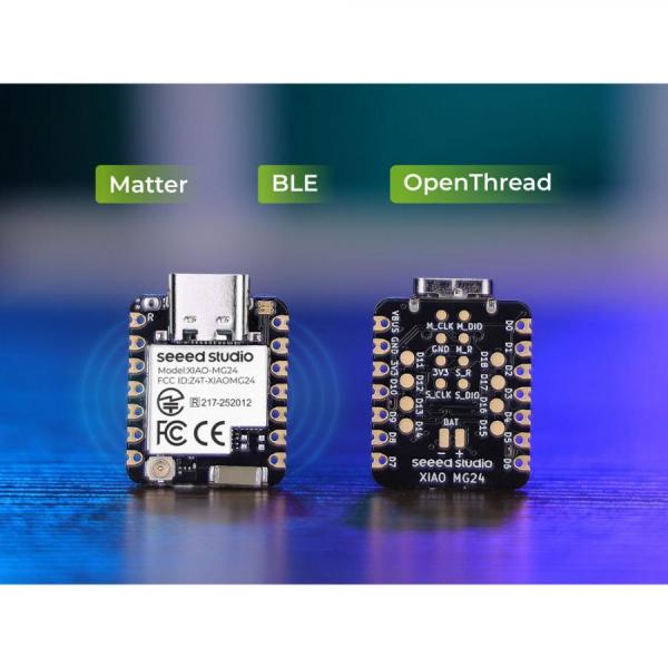 디바이스마트,오픈소스/코딩교육 > 파이썬/IoT 개발 보드 > Seeedstudio XIAO > XIAO 보드,Seeedstudio,Seeed Studio XIAO MG24 [102010590],매터(Matter) 및 스레드(Thread) 지원 초저전력 XIAO 보드 / Silicon Labs EFR32MG24 (Arm Cortex-M33) 칩셋 탑재 / Bluetooth 5.3(BLE) 및 Thread 무선 통신 지원 / 배터리 충전 회로 내장 / 활용: Matter 스마트홈 기기 개발, 저전력 무선 센서 네트워크