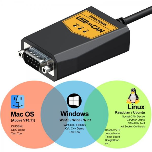 디바이스마트,MCU보드/전자키트 > 통신/네트워크 > CAN통신,Innomaker,USB2CAN-C Module,USB to CAN 변환 케이블 / Raspberry Pi, Jetson Nano, Tinker Board 호환 / Windows, Mac OS, Linux 지원 / Plug and Play, 외부 전원 불필요 / CAN baud rate 20Kbps ~ 1Mbps 프로그래밍 가능 / CAN bus 2.0A 및 2.0B 지원 / 3000V 전압 절연 및 2500V ESD 보호 / C/Python 소스 코드 및 Socket-CAN 제공 / 다양한 모드 지