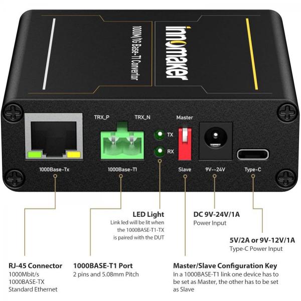 디바이스마트,MCU보드/전자키트 > 통신/네트워크 > 기타 네트워크/통신,Innomaker,1000BASE-T1TX-TI Ethernet Media Converter,1000BASE-T1(1000 Mbit/s Full-duplex)와 1000BASE-TX 간의 직접 변환 지원 / AEC-Q100 인증 TI DP83TG720SWRHATQ1 사용 / 1000BASE-T1 마스터/슬레이브 구성 / OLED 화면 및 케이블 결함 감지 기능 / 플러그 앤 플레이, 드라이버 설치 불필요 / DC 9V-24V/1A 및 Type-C 전원 입력 지원 / TE MATEnet 및 MOLEX 어댑터 포함