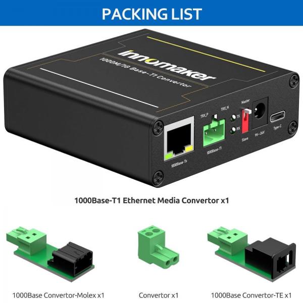 디바이스마트,MCU보드/전자키트 > 통신/네트워크 > 기타 네트워크/통신,Innomaker,1000BASE-T1TX-TI Ethernet Media Converter,1000BASE-T1(1000 Mbit/s Full-duplex)와 1000BASE-TX 간의 직접 변환 지원 / AEC-Q100 인증 TI DP83TG720SWRHATQ1 사용 / 1000BASE-T1 마스터/슬레이브 구성 / OLED 화면 및 케이블 결함 감지 기능 / 플러그 앤 플레이, 드라이버 설치 불필요 / DC 9V-24V/1A 및 Type-C 전원 입력 지원 / TE MATEnet 및 MOLEX 어댑터 포함