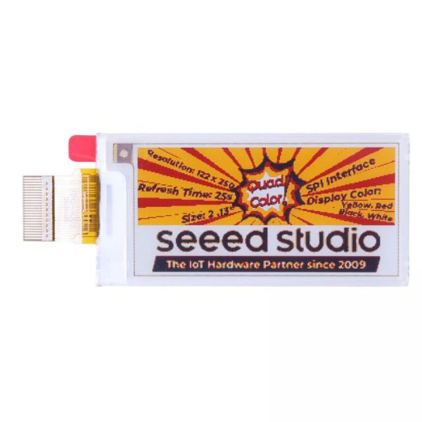 디바이스마트,MCU보드/전자키트 > 디스플레이 > E-paper,Seeedstudio,2.13인치 Quadruple Color e-Ink / ePaper Display (122x250), 노랑/빨강 추가, XIAO/아두이노/STM32 지원 [104990846],GDEY0213F51 / 2.13인치 / 122x250해상도 / 4색구성 / SPI인터페이스 / COGIC280um / 두께1.00mm / 사이즈59.2x29.2mm / 무게3.2g / 작동전압3.3V / 소비전력9.9mW / 대기전력0.003mW / XIAO지원 / Arduino지원 / STM32지원 / MicroPython지원