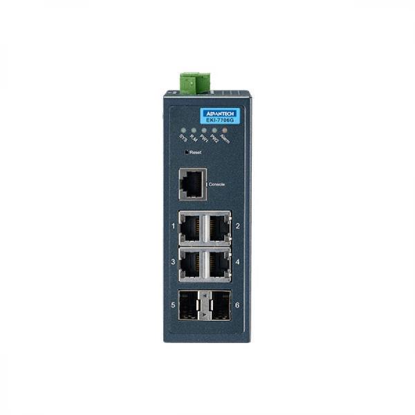 디바이스마트,MCU보드/전자키트 > 통신/네트워크 > 이더넷/PoE(Power over Ethernet),어드밴텍,EKI-7706G-2FI-AE, 6포트 10/100/1000 Mbps 매니지드 이더넷 스위치 (-40~75℃),4포트 기가비트 이더넷+2포트 SFP / SFP 소켓으로 손쉽고 유연한 광케이블 확장