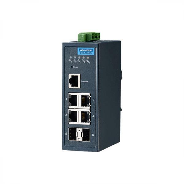 디바이스마트,MCU보드/전자키트 > 통신/네트워크 > 이더넷/PoE(Power over Ethernet),어드밴텍,EKI-7706G-2FI-AE, 6포트 10/100/1000 Mbps 매니지드 이더넷 스위치 (-40~75℃),4포트 기가비트 이더넷+2포트 SFP / SFP 소켓으로 손쉽고 유연한 광케이블 확장