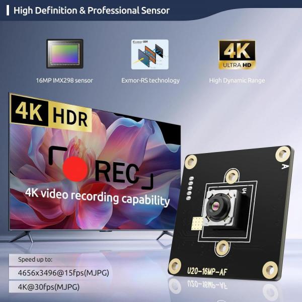 디바이스마트,MCU보드/전자키트 > 카메라/비디오 > 일반카메라,Innomaker,USB U20CAM 4K AF UVC IMX298,16MP(4656×3496) 초고해상도 / Sony IMX298 1/2.8" 센서 / 위상 검출 자동초점(PDAF) / HDR 지원 / USB 2.0 UVC 플러그앤플레이 / Windows·Linux·Mac·Android·라즈베리파이·Jetson Nano 호환 / SBC 개발환경 최적화