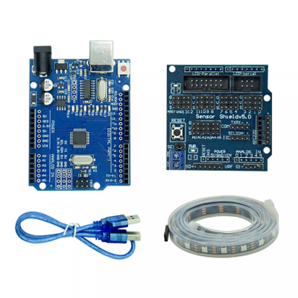 디바이스마트,오픈소스/코딩교육 > 아두이노 > 아두이노 교육용키트,LK EMBEDDED,아두이노 우노 R3 RGB LED 라이트 스트립 키트,100cm 네오픽셀 RGB LED 스트립이 내장된 아두이노 키트로, 아두이노 우노 R3와 센서 확장보드, USB 케이블이 포함되어 있습니다. 각 LED를 독립적으로 제어해 다양한 색상과 밝기 효과를 구현할 수 있습니다.
