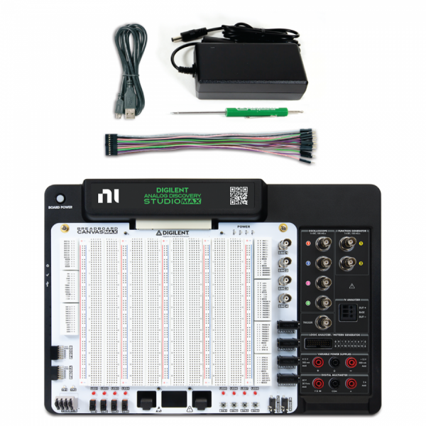 디바이스마트,MCU보드/전자키트 > 프로세서/개발보드 > Digilent > Scope, DAQ 및 장비,Digilent,[학교 구매전용] Analog Discovery Studio Max (ADSM),14종 계측기 / 오실로스코프+멀티미터+파워서플라이 등이 하나로 합쳐진 올인원 장비 / PC와 연결해 사용하는 휴대용 계측기 / 브레드보드 일체형으로 즉석에서 회로 조립 및 디버깅 가능