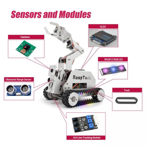 디바이스마트,오픈소스/코딩교육 > 라즈베리파이 > 라즈베리파이 교육용키트,Adeept,라즈베리파이 호환 RaspTank 메탈 스마트 로봇 자동차 키트 [ADR034],라즈베리 파이 5/4B/3B/3B+ 호환 / 로봇암 장착 / AI 기반 추적 로봇 키트 / 라인 트래킹, 라이트 트래킹, 장애물 회피 / STEM 교육, DIY 개발 / OpenCV 지원
