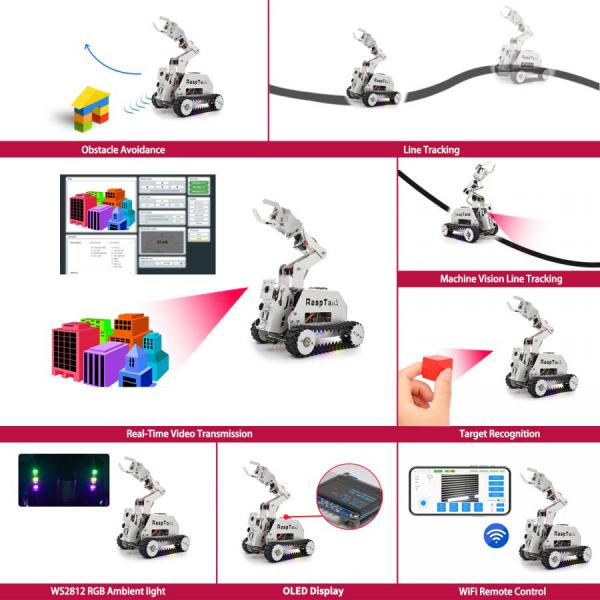 디바이스마트,오픈소스/코딩교육 > 라즈베리파이 > 라즈베리파이 교육용키트,Adeept,라즈베리파이 호환 RaspTank 메탈 스마트 로봇 자동차 키트 [ADR034],라즈베리 파이 5/4B/3B/3B+ 호환 / 로봇암 장착 / AI 기반 추적 로봇 키트 / 라인 트래킹, 라이트 트래킹, 장애물 회피 / STEM 교육, DIY 개발 / OpenCV 지원