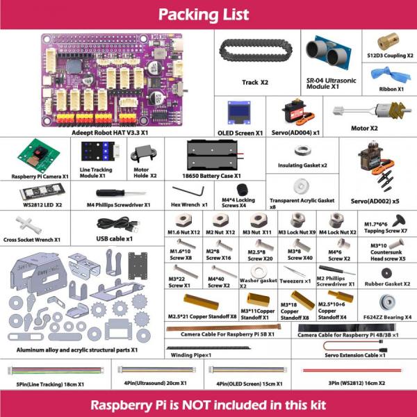 디바이스마트,오픈소스/코딩교육 > 라즈베리파이 > 라즈베리파이 교육용키트,Adeept,라즈베리파이 호환 RaspTank 메탈 스마트 로봇 자동차 키트 [ADR034],라즈베리 파이 5/4B/3B/3B+ 호환 / 로봇암 장착 / AI 기반 추적 로봇 키트 / 라인 트래킹, 라이트 트래킹, 장애물 회피 / STEM 교육, DIY 개발 / OpenCV 지원