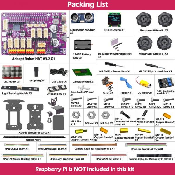 디바이스마트,오픈소스/코딩교육 > 라즈베리파이 > 라즈베리파이 교육용키트,Adeept,라즈베리파이 호환 4륜 구동 메카넘 휠 스마트 자동차 키트 [ADR036-4WD-MecanumWheel],라즈베리 파이 5/4B/3B/3B+ 호환 / AI 기반 추적 로봇 키트 / 라인 트래킹, 라이트 트래킹, 장애물 회피 / STEM 교육, DIY 개발 / OpenCV 지원