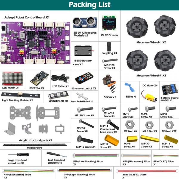 디바이스마트,오픈소스/코딩교육 > 아두이노 > 아두이노 교육용키트,Adeept,아두이노 호환 메카넘 휠 스마트 자동차 키트 [ADA038-4WD-MecanumWheel],아두이노 IDE 호환 / AI 기반 추적 로봇 키트 / 라인 트래킹, 라이트 트래킹, 장애물 회피 / STEM 교육, DIY 개발 / OpenCV 지원