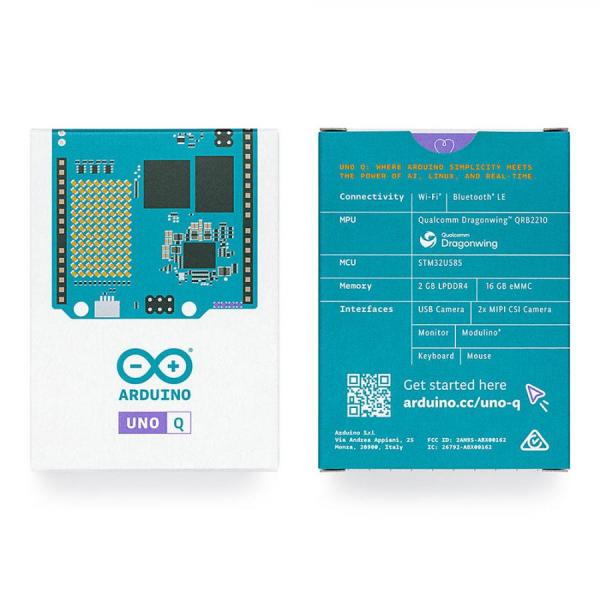 디바이스마트,오픈소스/코딩교육 > 아두이노 > 아두이노 정품 보드/쉴드/키트,아두이노,Arduino UNO Q (4GB),ABX00173 / 4GB 버전 / 리눅스와 아두이노의 만남, 듀얼 브레인 하이브리드 보드 / Qualcomm QRB2210(쿼드코어 MPU) + STM32U585(MCU) 탑재 / 리눅스 데비안 OS 및 Arduino App Lab 지원 / 4GB RAM, 32GB eMMC 내장 / Wi-Fi 5, BT 5.1, USB-C PD / 활용: AI 비전/음성, 고성능 로보틱스, 엣지 컴퓨팅