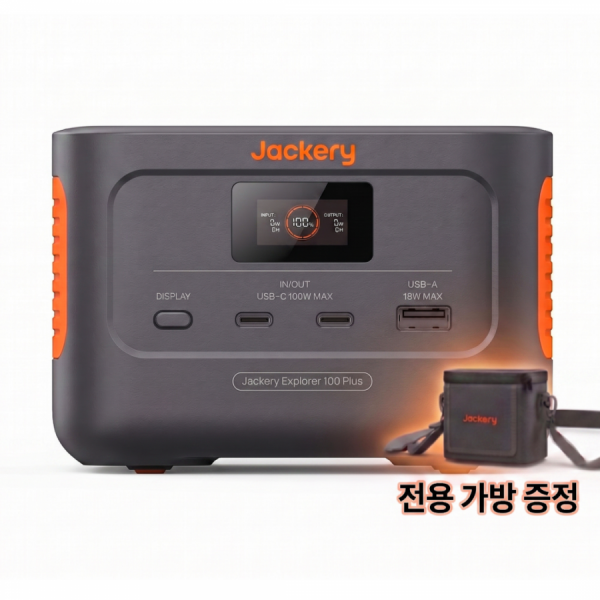 디바이스마트,EV 전기차/캠핑카/그린에너지 > 배터리/충전기/인버터 > 파워뱅크,Jackery,잭커리 휴대용 파워뱅크 100 Plus + 전용 가방,차박·캠핑용 보조배터리 / 용량 99.2Wh (6.2Ah/16V) / 배터리: LiFePO4 인산철 / USB-A 18W / USB-C 100W 출력(PD), 입력 최대 100W / 태양광 입력 100W / 무게 965g / 크기 12.6 × 8.65 × 8.7cm / 이벤트 상품 전용가방 증정